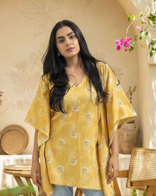 Zehra Yellow Kaftan with Floral Motifs