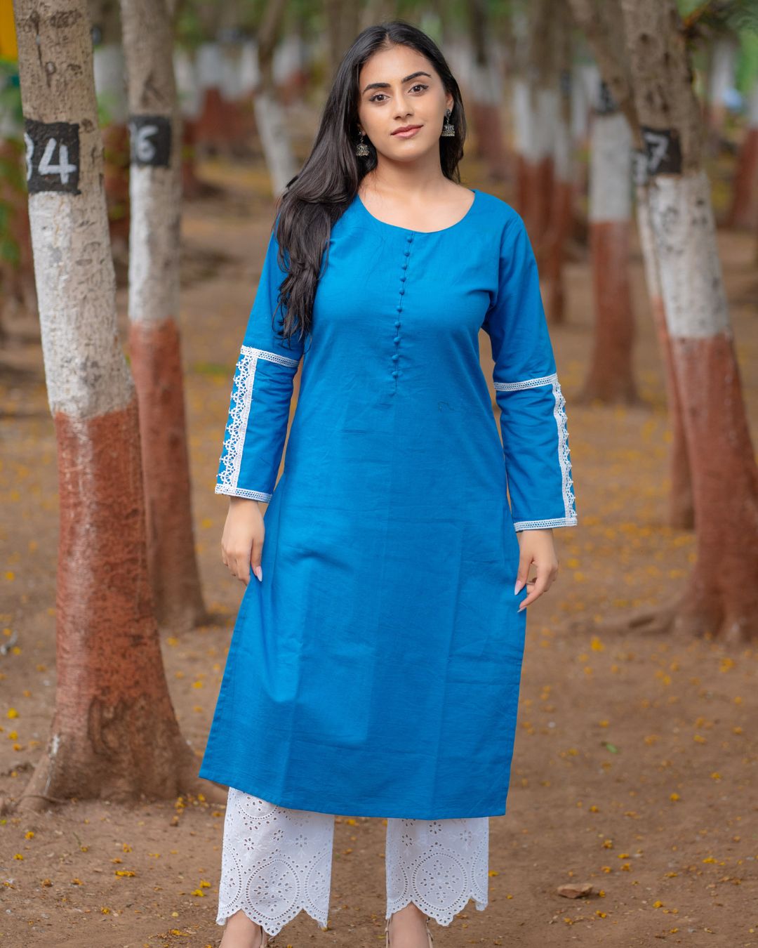 Ada Blue Cotton Linen Kurta with Lace Detailing
