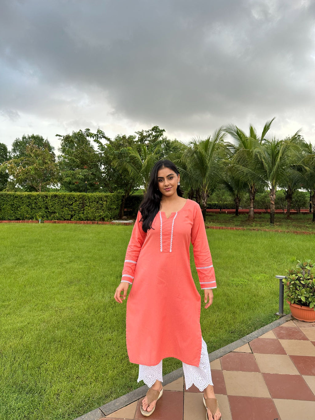 Noor Peach Cotton Linen Kurta