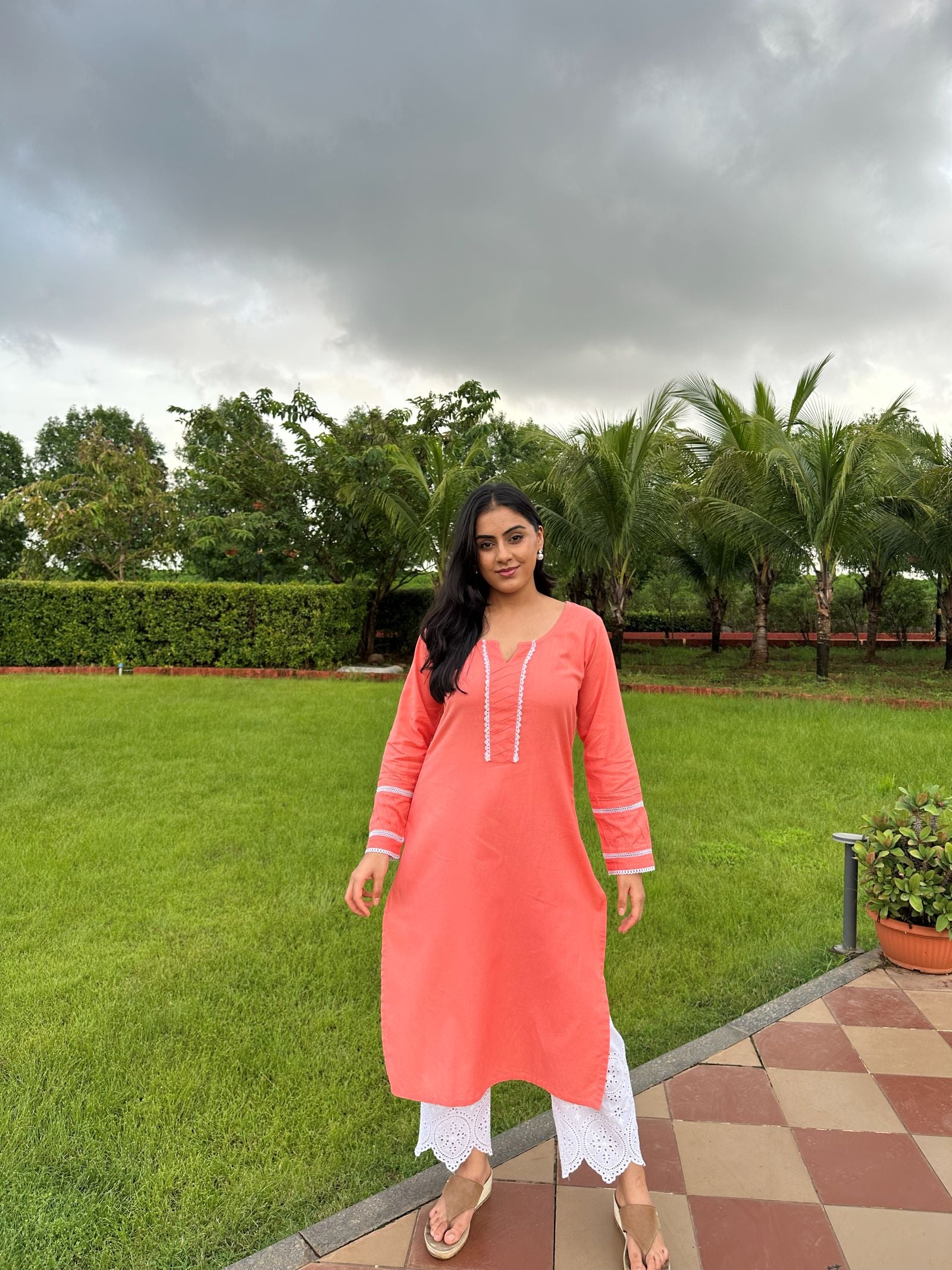 Noor Peach Cotton Linen Kurta