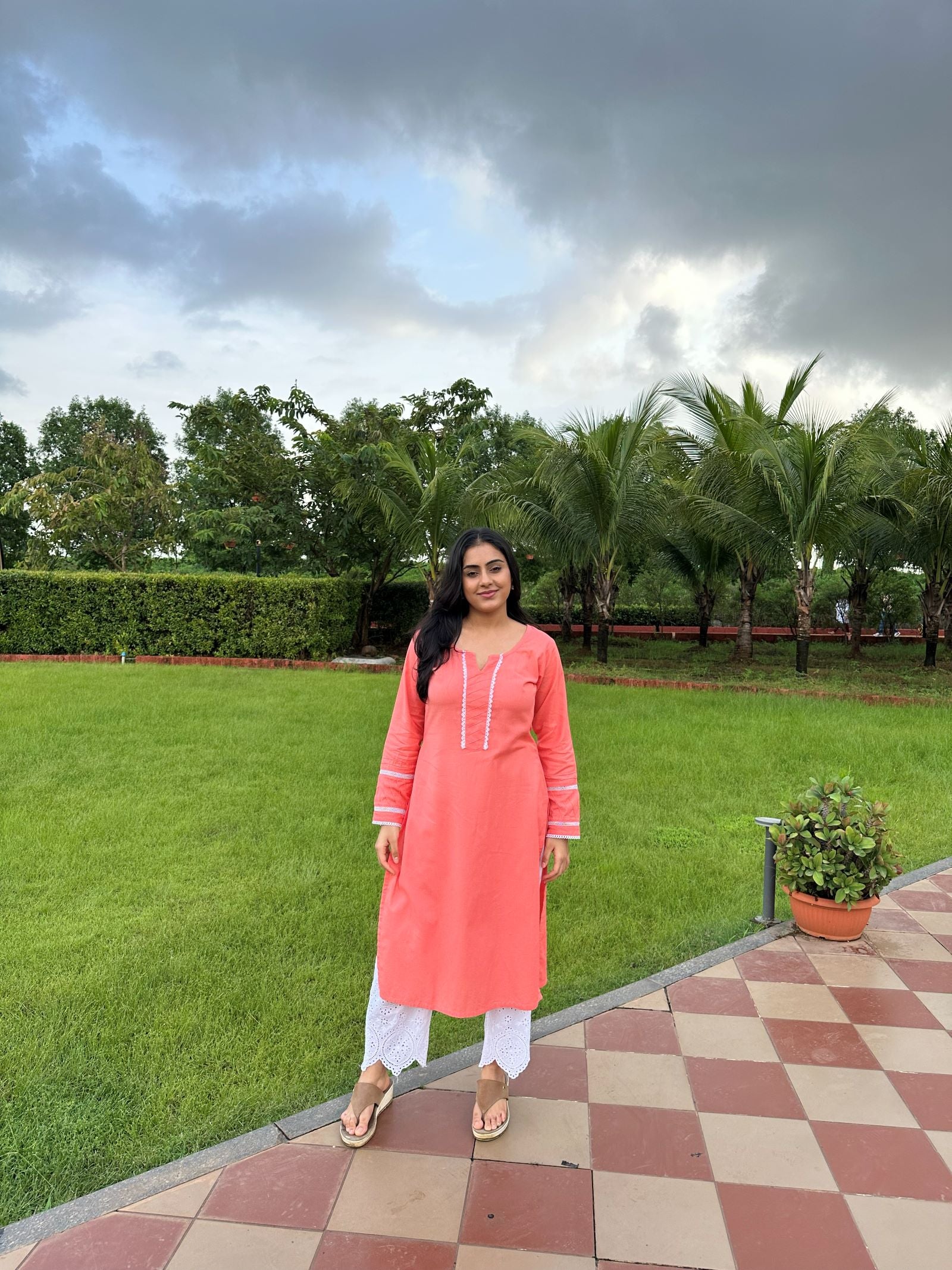 Noor Peach Cotton Linen Kurta