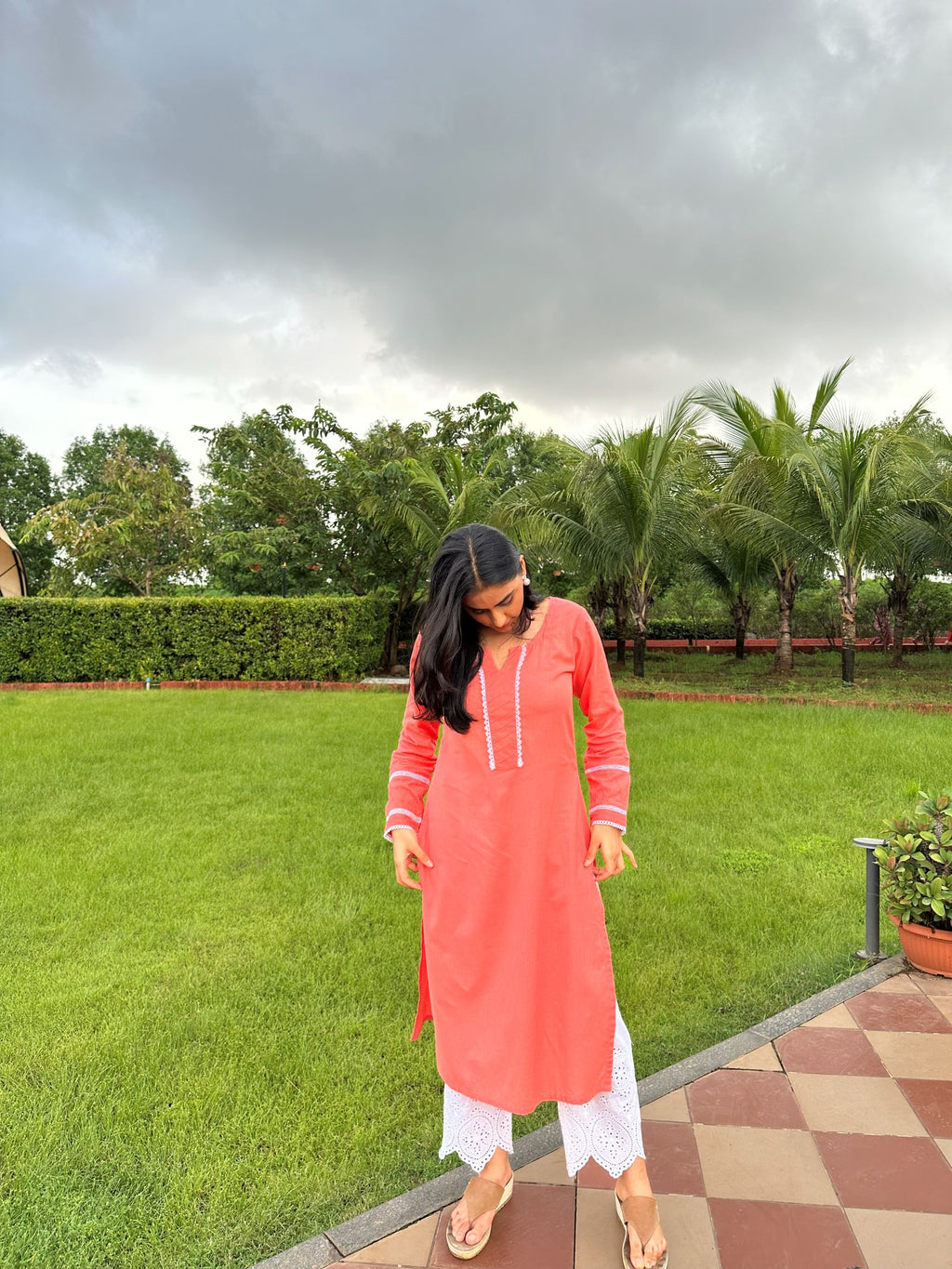 Noor Peach Cotton Linen Kurta