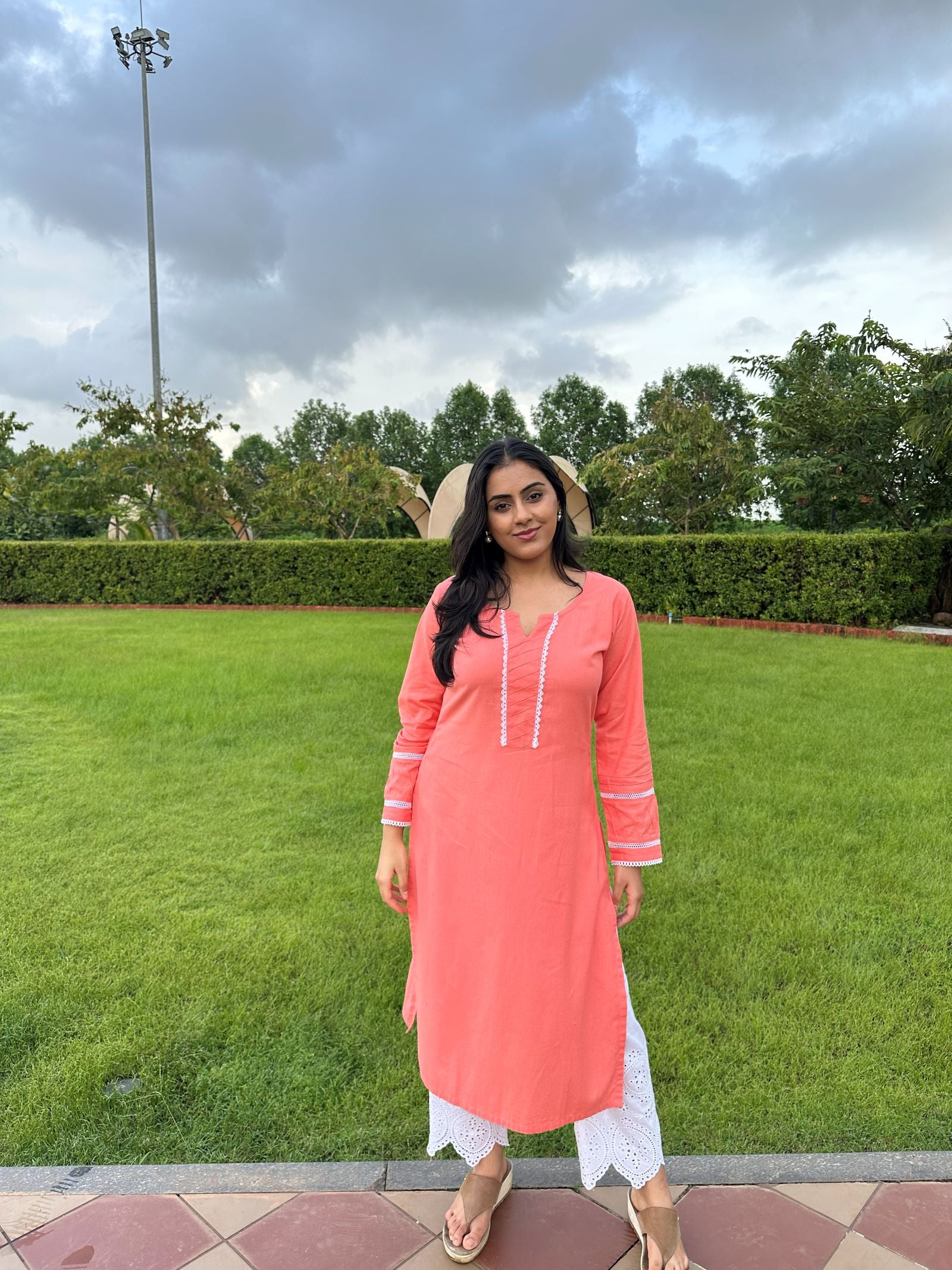 Noor Peach Cotton Linen Kurta
