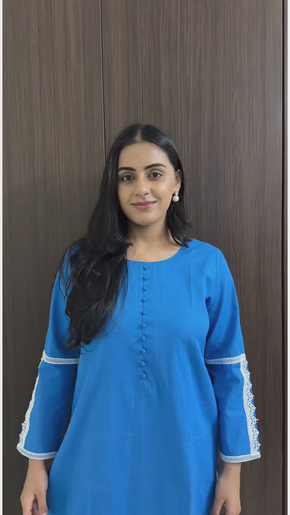 Ada Blue Cotton Linen Kurta with Lace Detailing