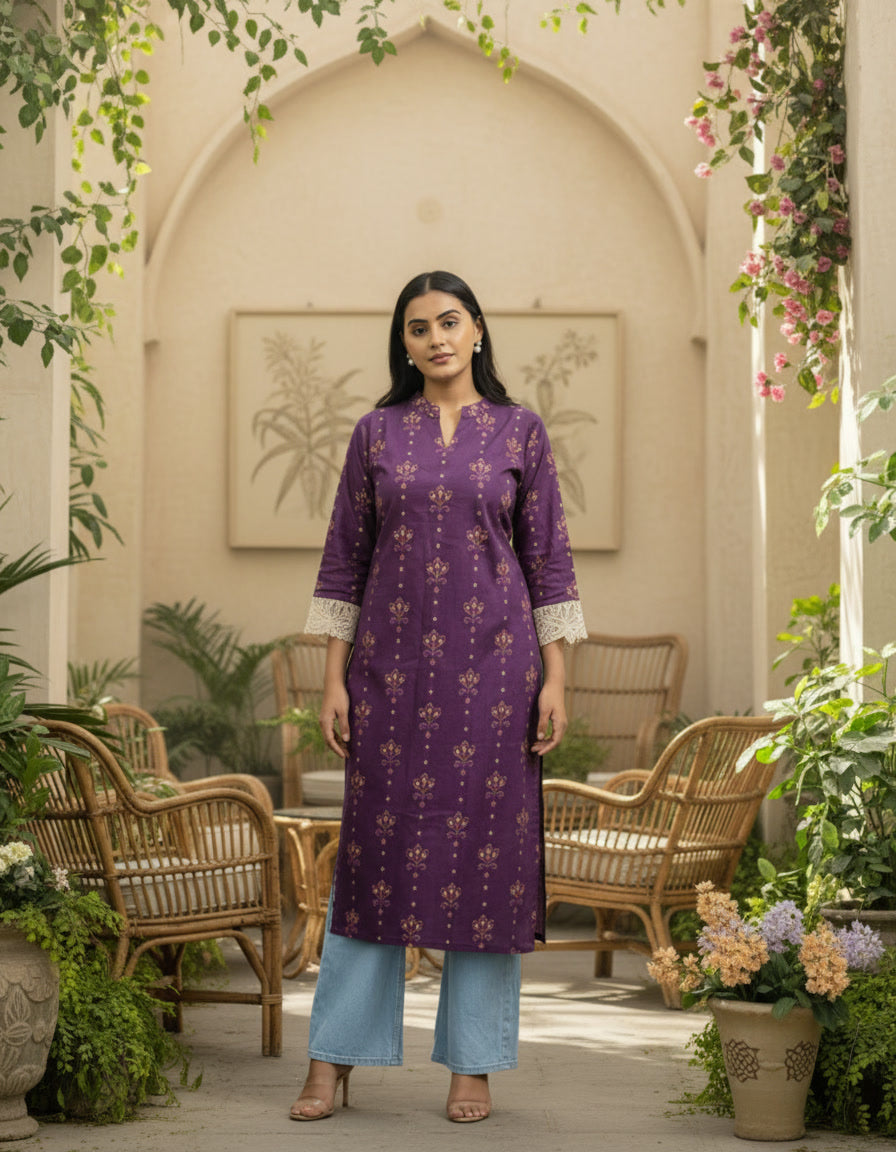 Saanjh Purple Digital Print Kurta