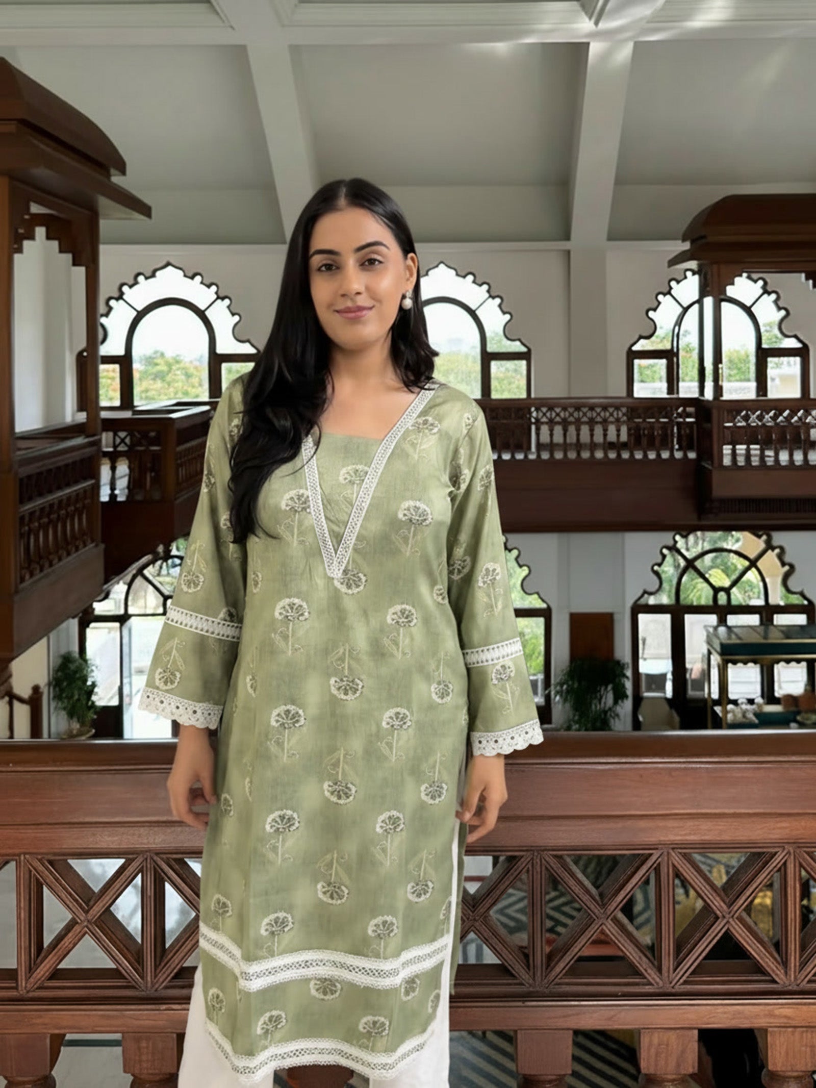 Saha Sage Green Kurta with Lace Detailing
