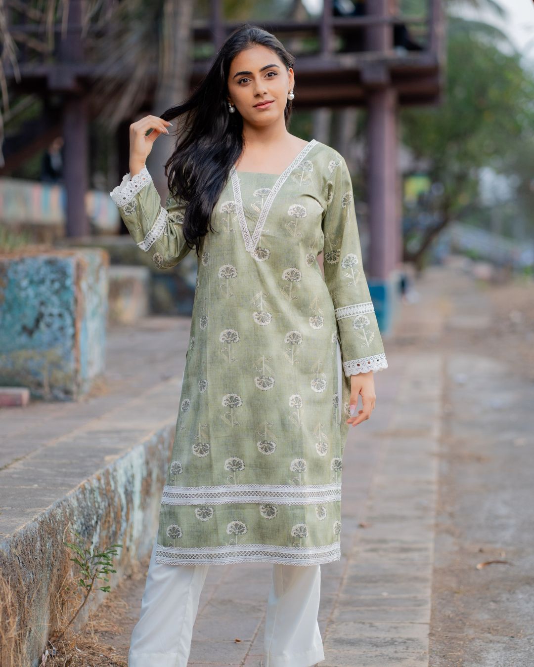 Saha Sage Green Kurta with Lace Detailing