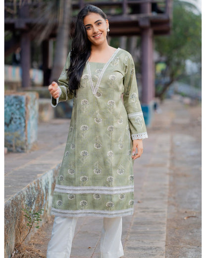 Saha Sage Green Kurta with Lace Detailing