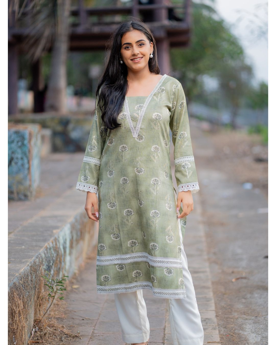 Saha Sage Green Kurta with Lace Detailing