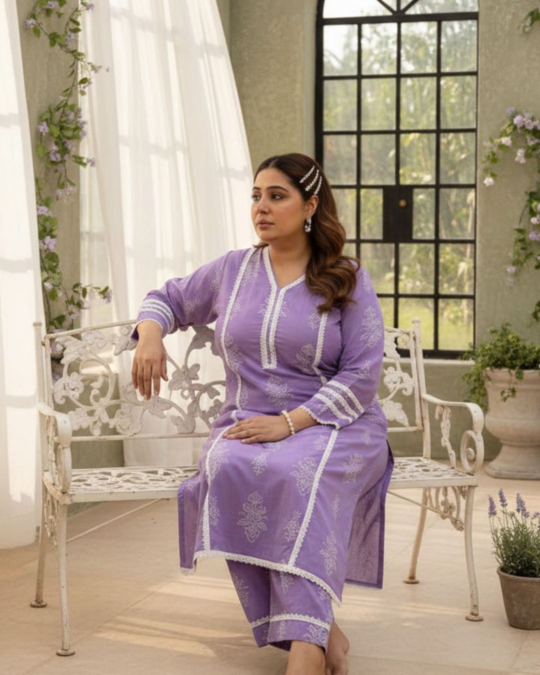 Saher Lavendar Cotton Kurta Set with Lace detailing
