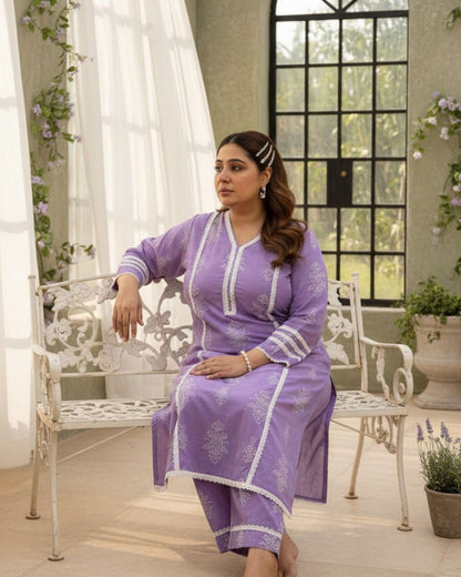 Saher Lavendar Cotton Kurta Set with Lace detailing