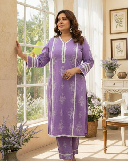 Saher Lavendar Cotton Kurta Set with Lace detailing