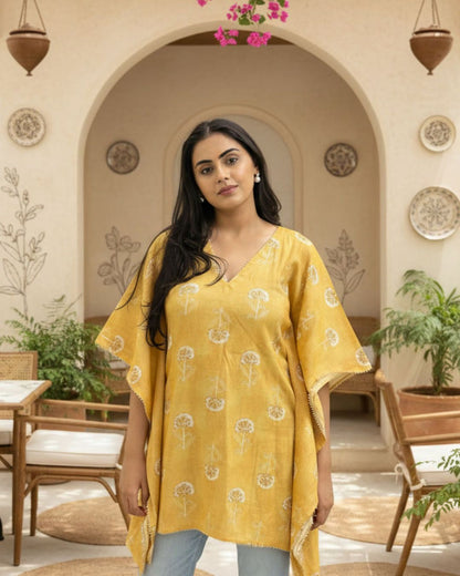 Zehra Yellow Kaftan with Floral Motifs