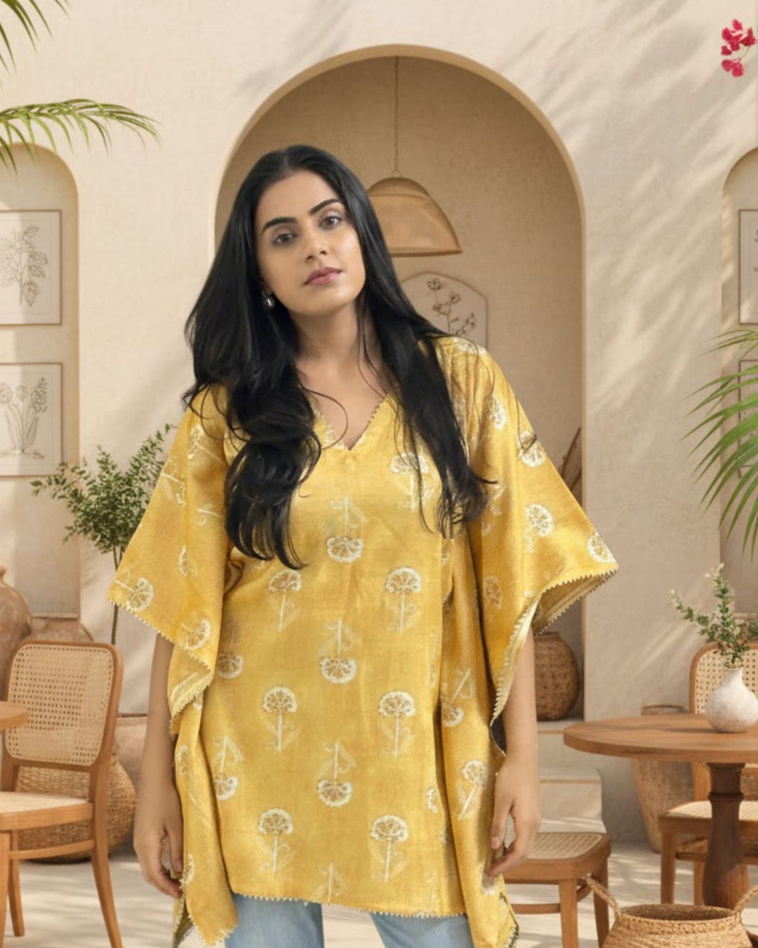 Zehra Yellow Kaftan with Floral Motifs